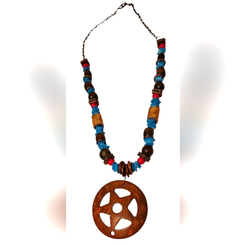 14" Custom Chunky Beaded Western Wooden Star Pendant Necklace